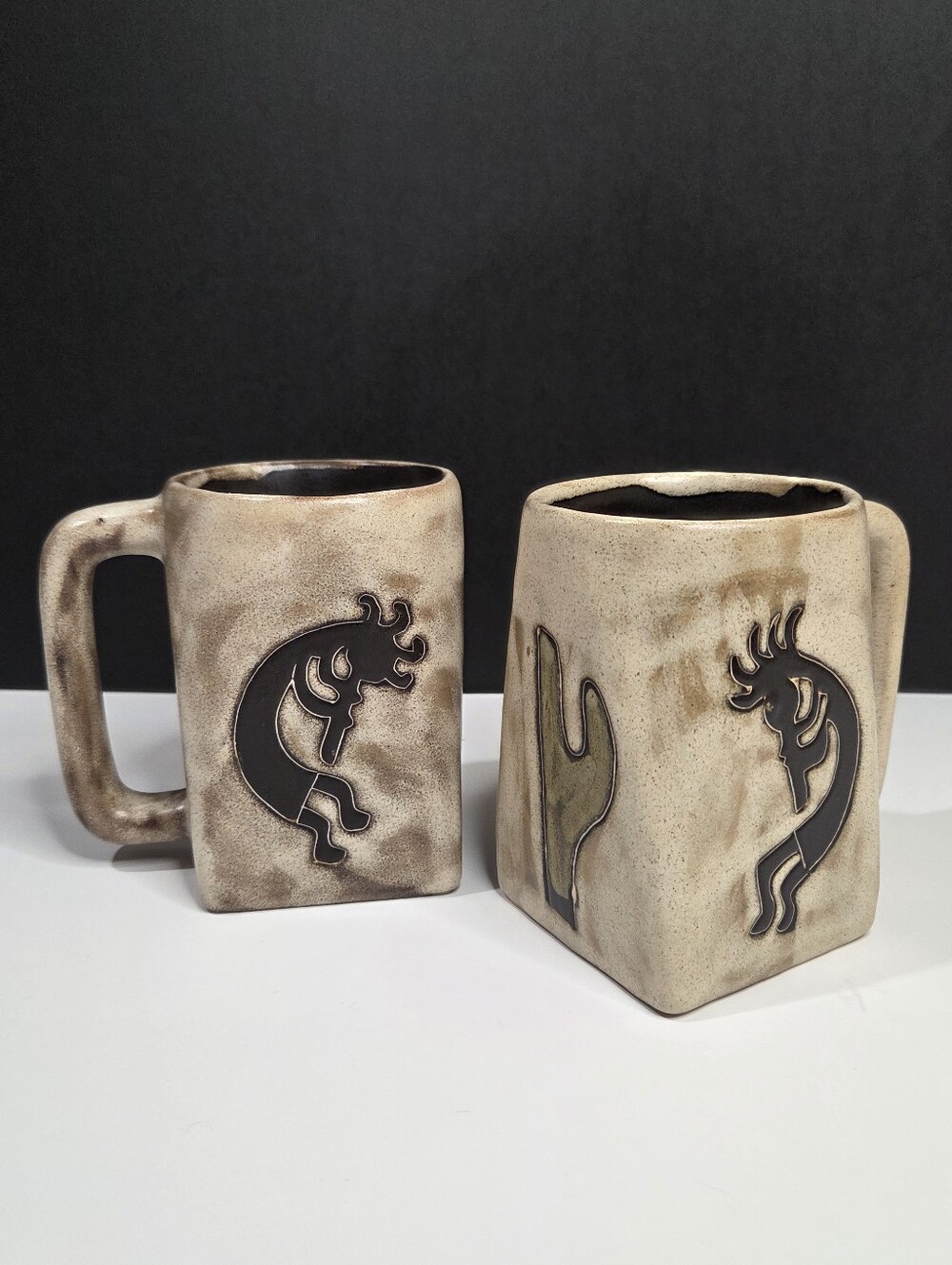 2x Vintage Kokopelli Mara Pottery Mug  Southwest Cactus Design Artist Signed